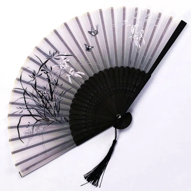 Bamboo Folding Silk Fan for Women – Black