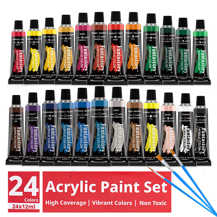 24-Color Acrylic Paint Set with Brushes (12ml)