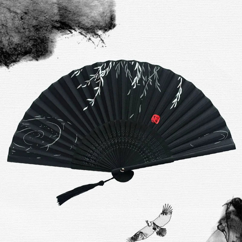Bamboo Folding Silk Fan for Women – Black