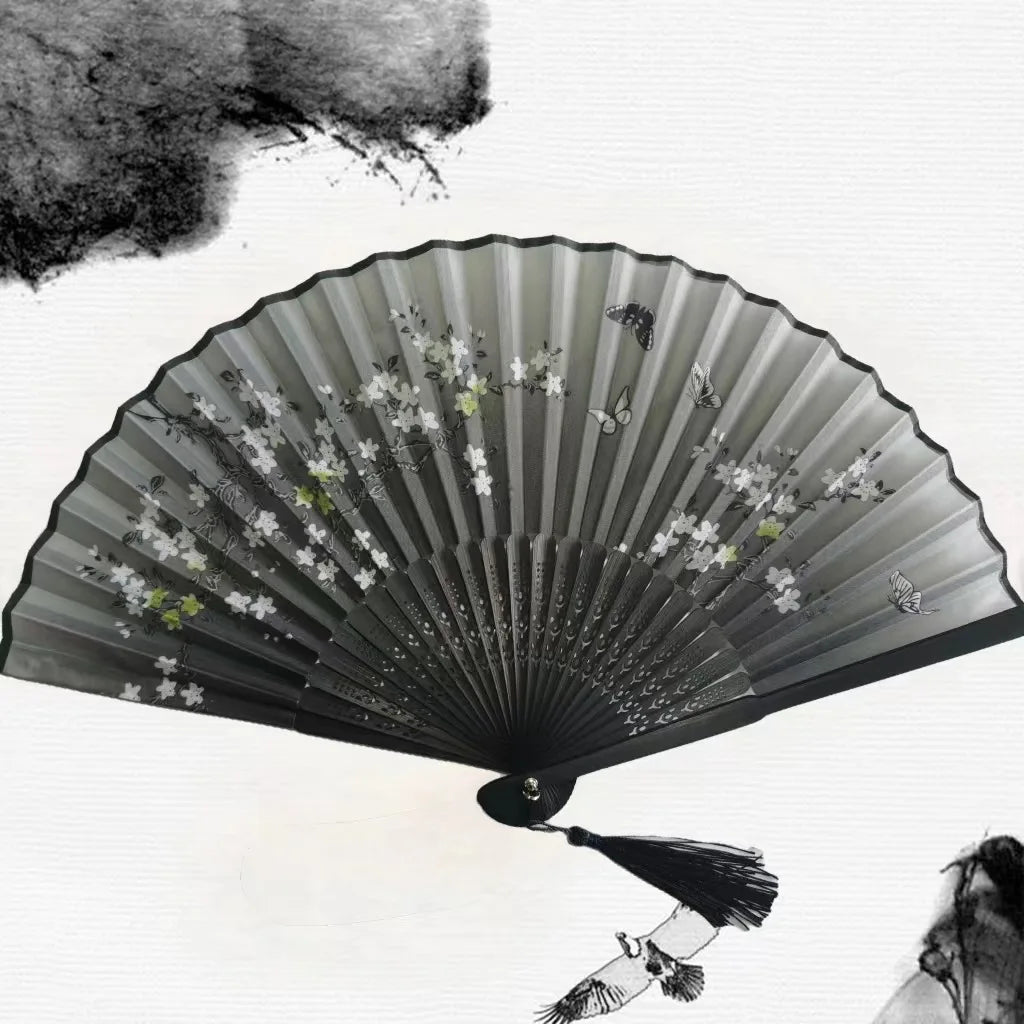 Bamboo Folding Silk Fan for Women – Black