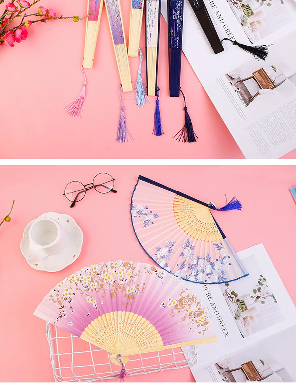 Bamboo Folding Silk Fan for Women – Black