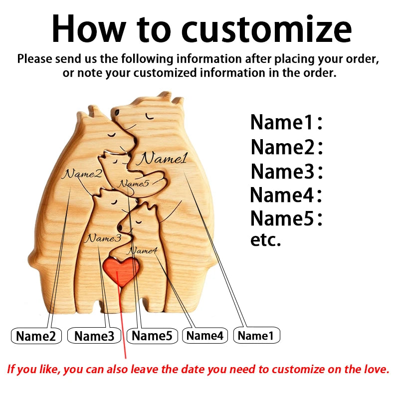 Personalized Wooden Bear Family Puzzle – Customizable Name Gift