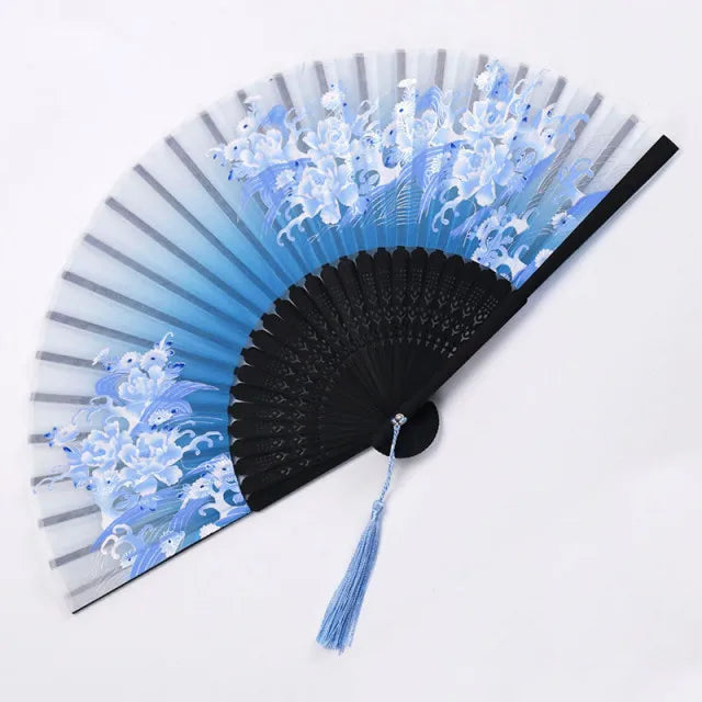Bamboo Folding Silk Fan for Women – Black