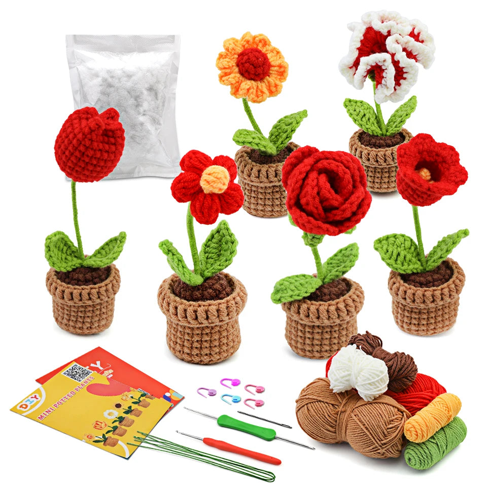 KRABALL Crochet Potted Flower Kit – 6pcs Beginner Set with Tools & Tutorial