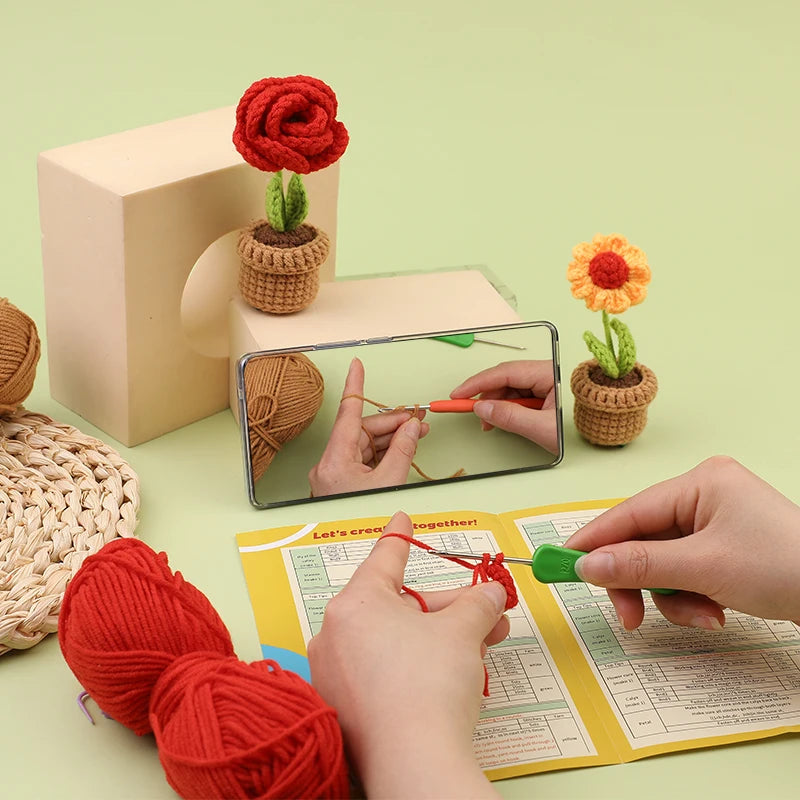 KRABALL Crochet Potted Flower Kit – 6pcs Beginner Set with Tools & Tutorial