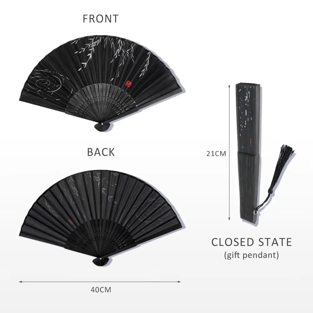 Bamboo Folding Silk Fan for Women – Black