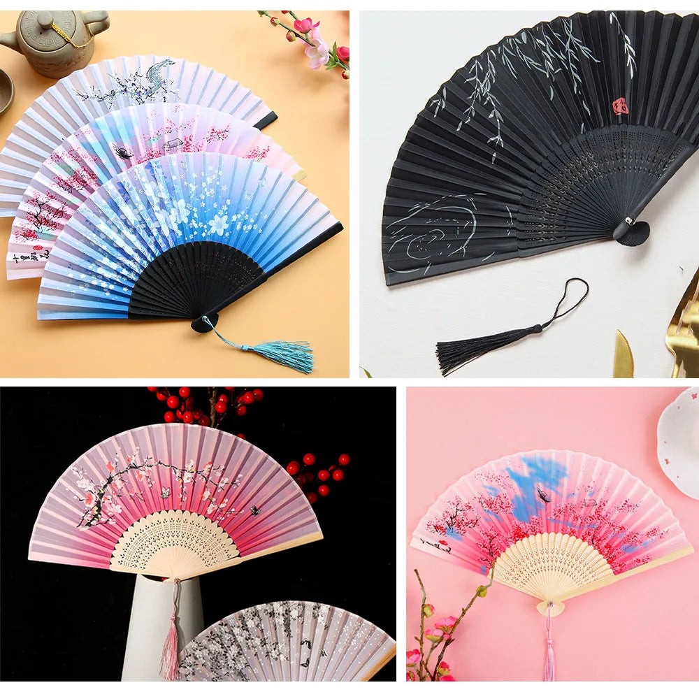 Bamboo Folding Silk Fan for Women – Black