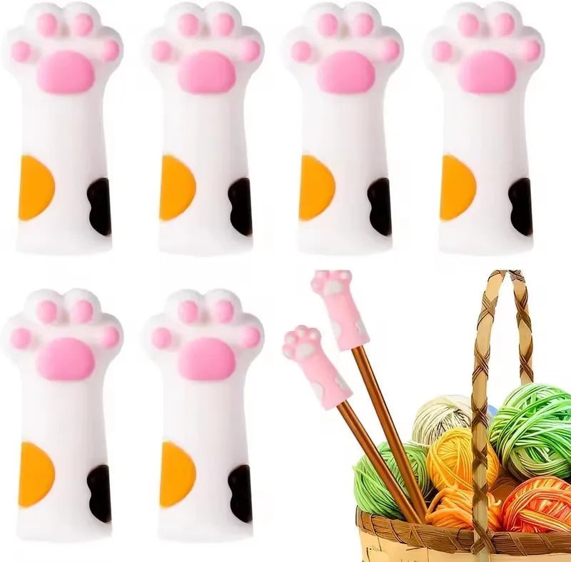 6-Pc Cute Cat Paw Silicone Knitting Needle Stoppers