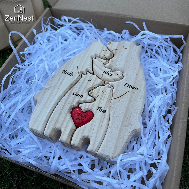 Personalized Wooden Bear Family Puzzle – Customizable Name Gift