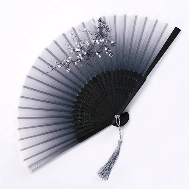 Bamboo Folding Silk Fan for Women – Black