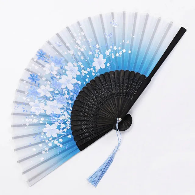 Bamboo Folding Silk Fan for Women – Black