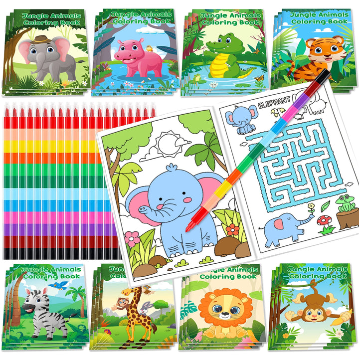 24Pcs Jungle Safari Animals Coloring Books & Crayons Set