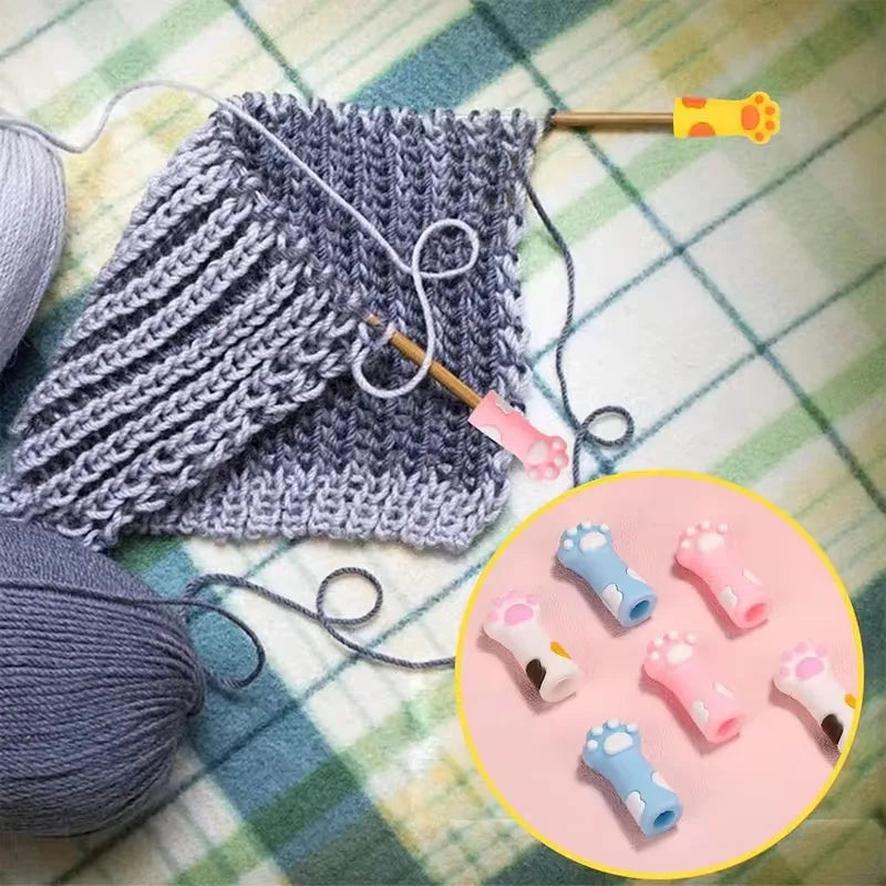 6-Pc Cute Cat Paw Silicone Knitting Needle Stoppers