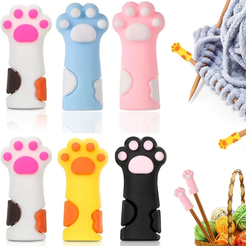 6-Pc Cute Cat Paw Silicone Knitting Needle Stoppers