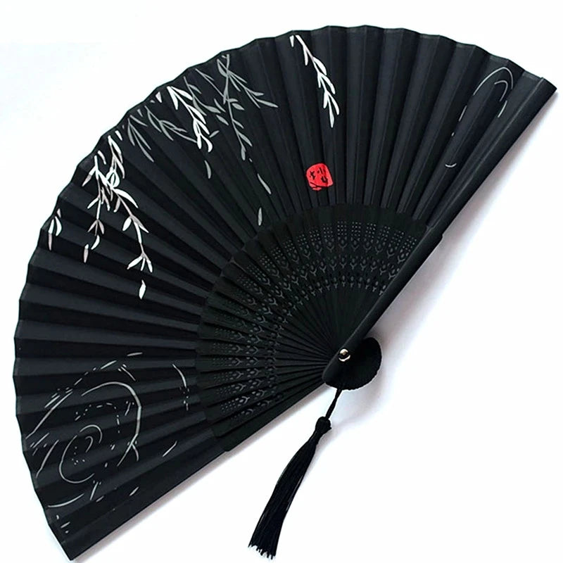Bamboo Folding Silk Fan for Women – Black