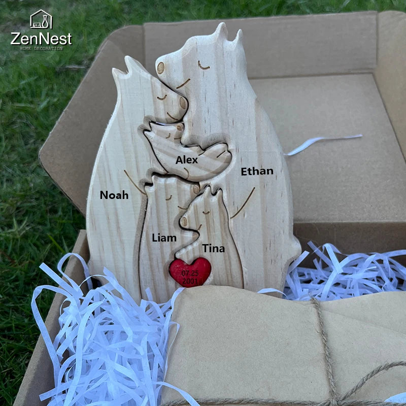 Personalized Wooden Bear Family Puzzle – Customizable Name Gift