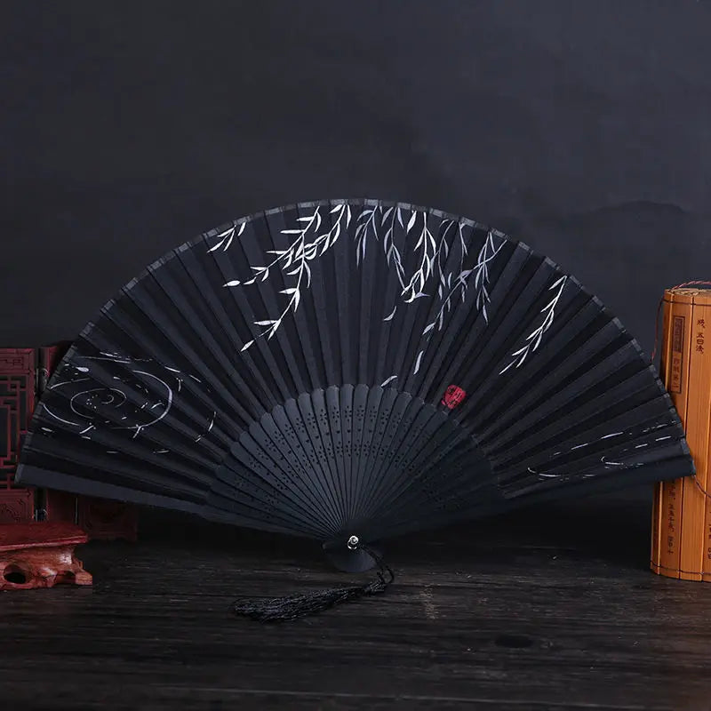 Bamboo Folding Silk Fan for Women – Black