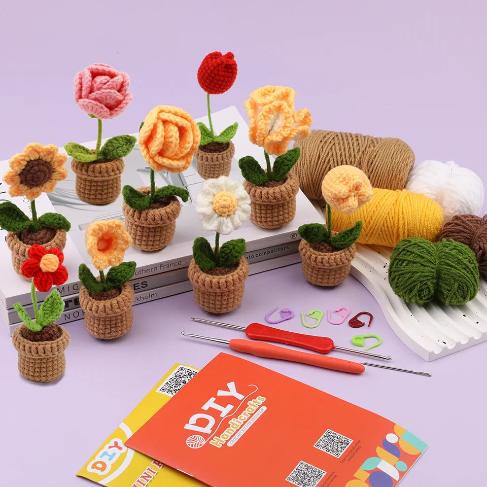 KRABALL Crochet Potted Flower Kit – 6pcs Beginner Set with Tools & Tutorial