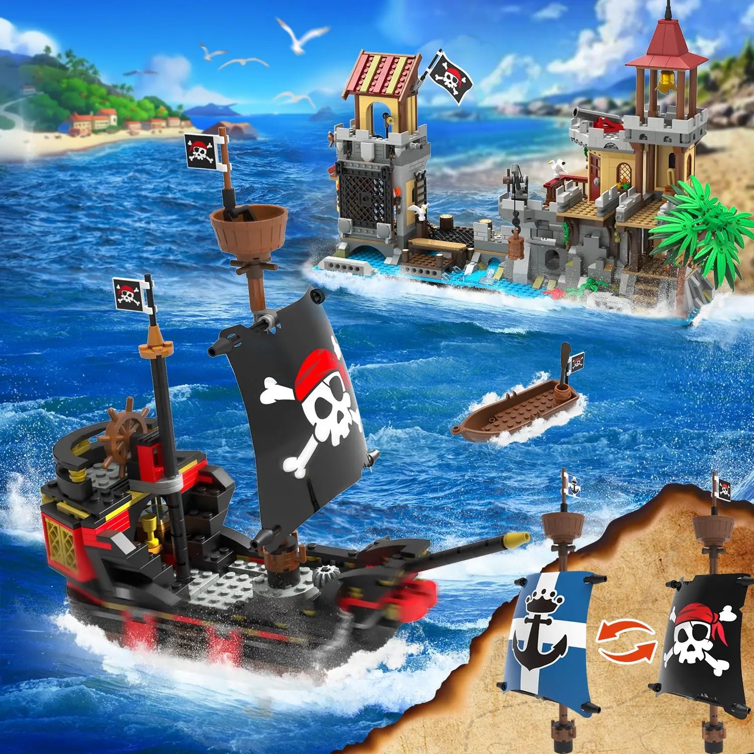 Pirate Castle & Ship Building Set with Light