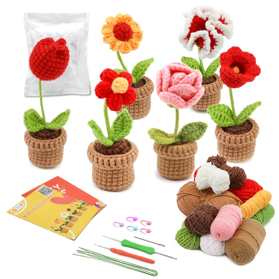 KRABALL Crochet Potted Flower Kit – 6pcs Beginner Set with Tools & Tutorial