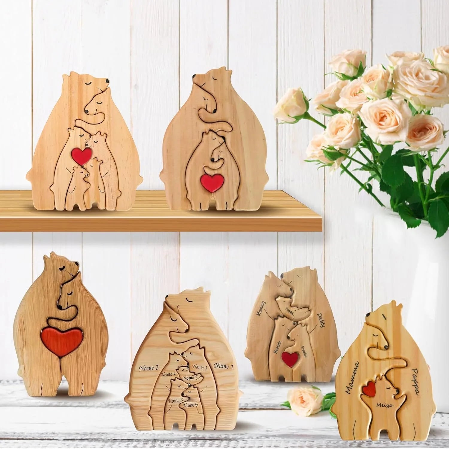 Personalized Wooden Bear Family Puzzle – Customizable Name Gift