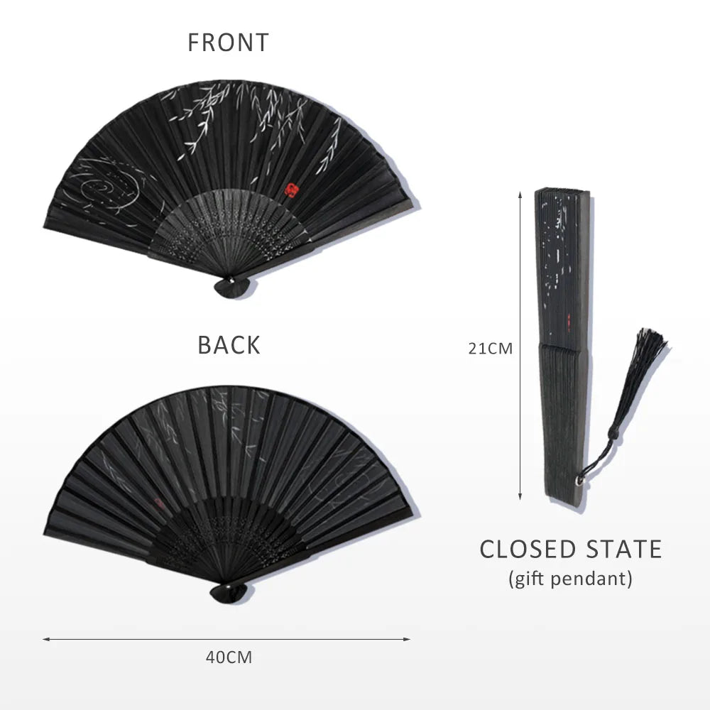 Bamboo Folding Silk Fan for Women – Black