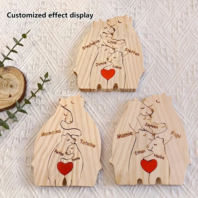 Personalized Wooden Bear Family Puzzle – Customizable Name Gift
