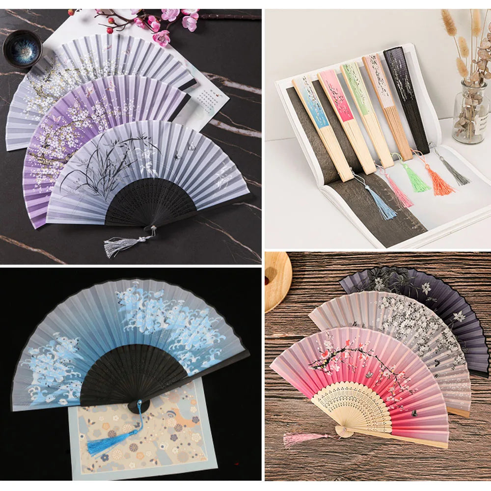 Bamboo Folding Silk Fan for Women – Black