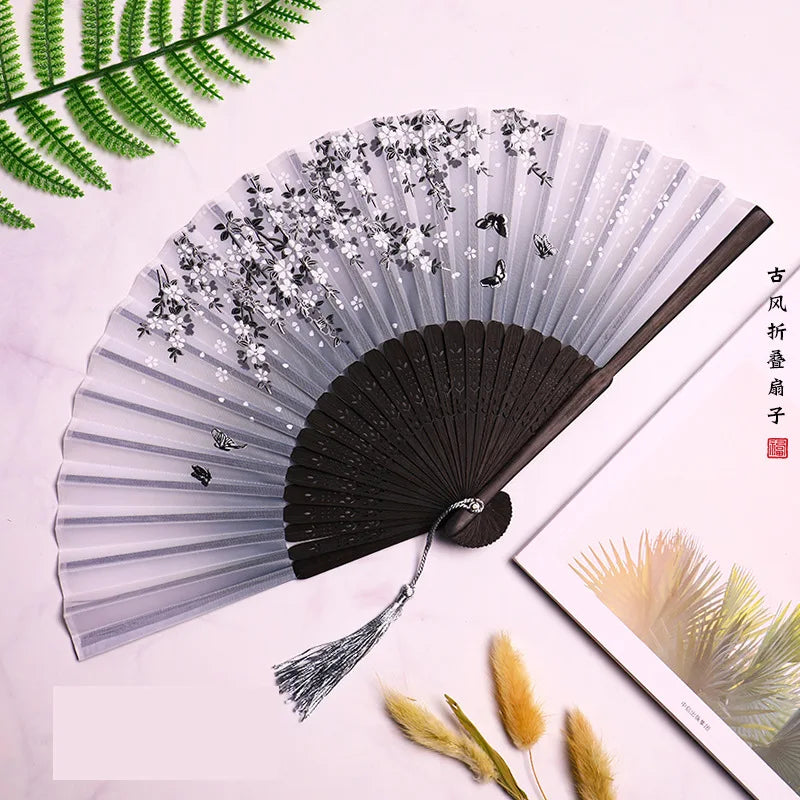 Bamboo Folding Silk Fan for Women – Black