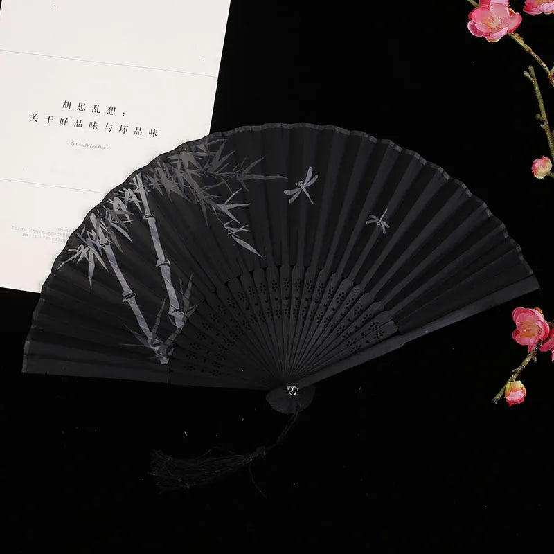 Bamboo Folding Silk Fan for Women – Black