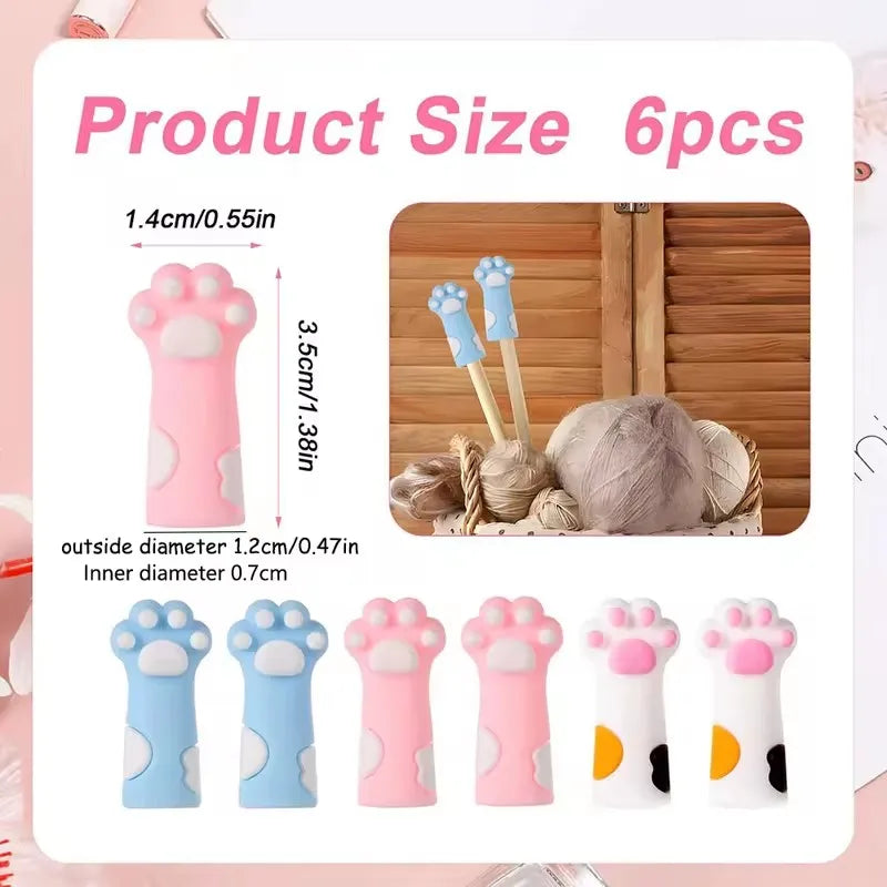 6-Pc Cute Cat Paw Silicone Knitting Needle Stoppers