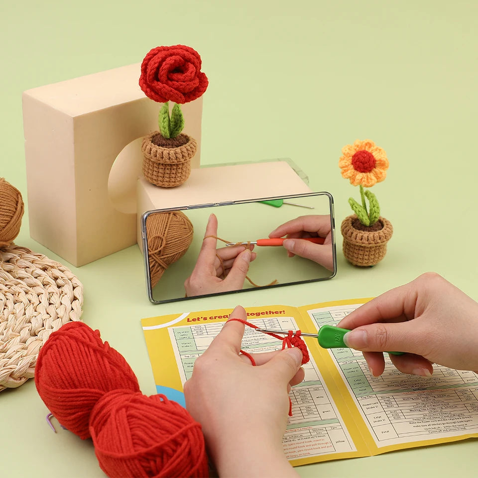 KRABALL Crochet Potted Flower Kit – 6pcs Beginner Set with Tools & Tutorial