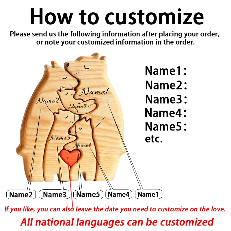 Personalized Wooden Bear Family Puzzle – Customizable Name Gift