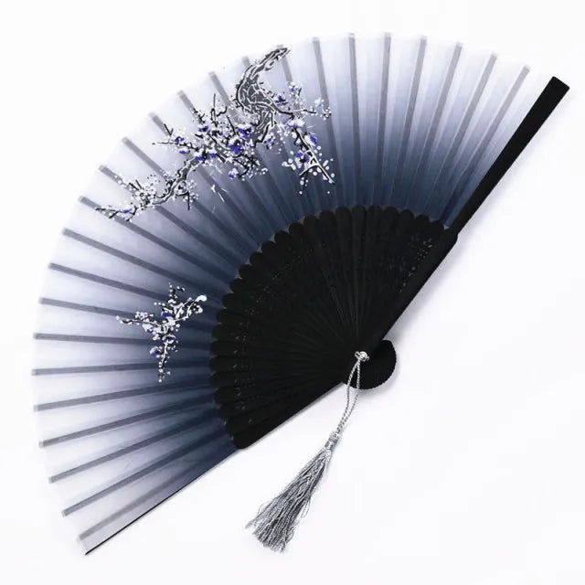 Bamboo Folding Silk Fan for Women – Black