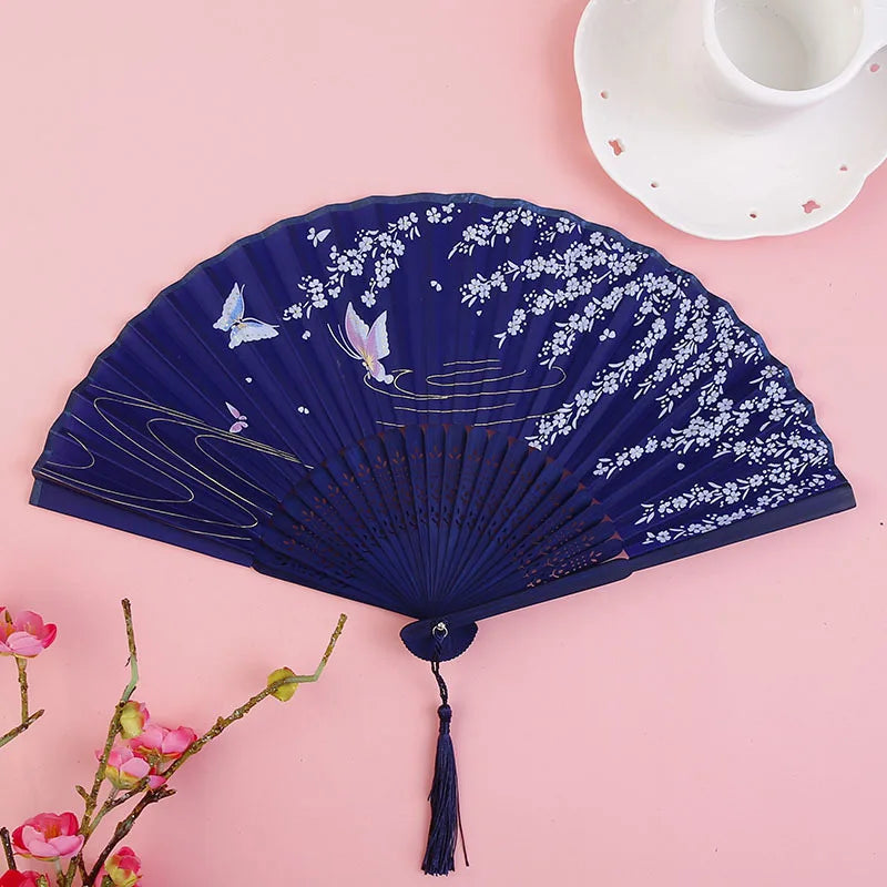 Bamboo Folding Silk Fan for Women – Black
