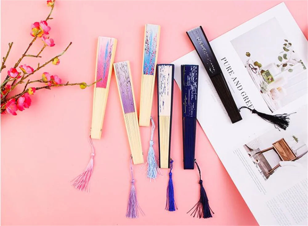 Bamboo Folding Silk Fan for Women – Black