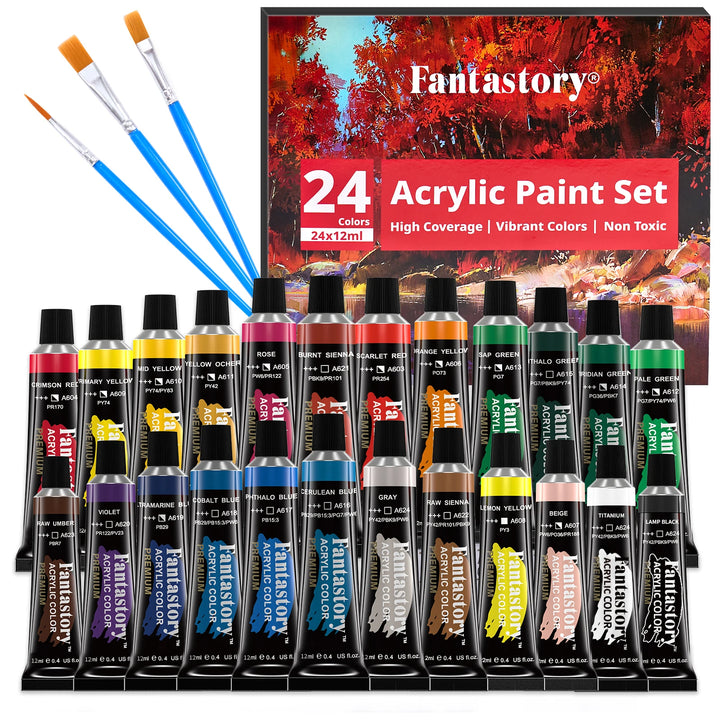 24-Color Acrylic Paint Set with Brushes (12ml)