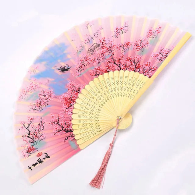 Bamboo Folding Silk Fan for Women – Black