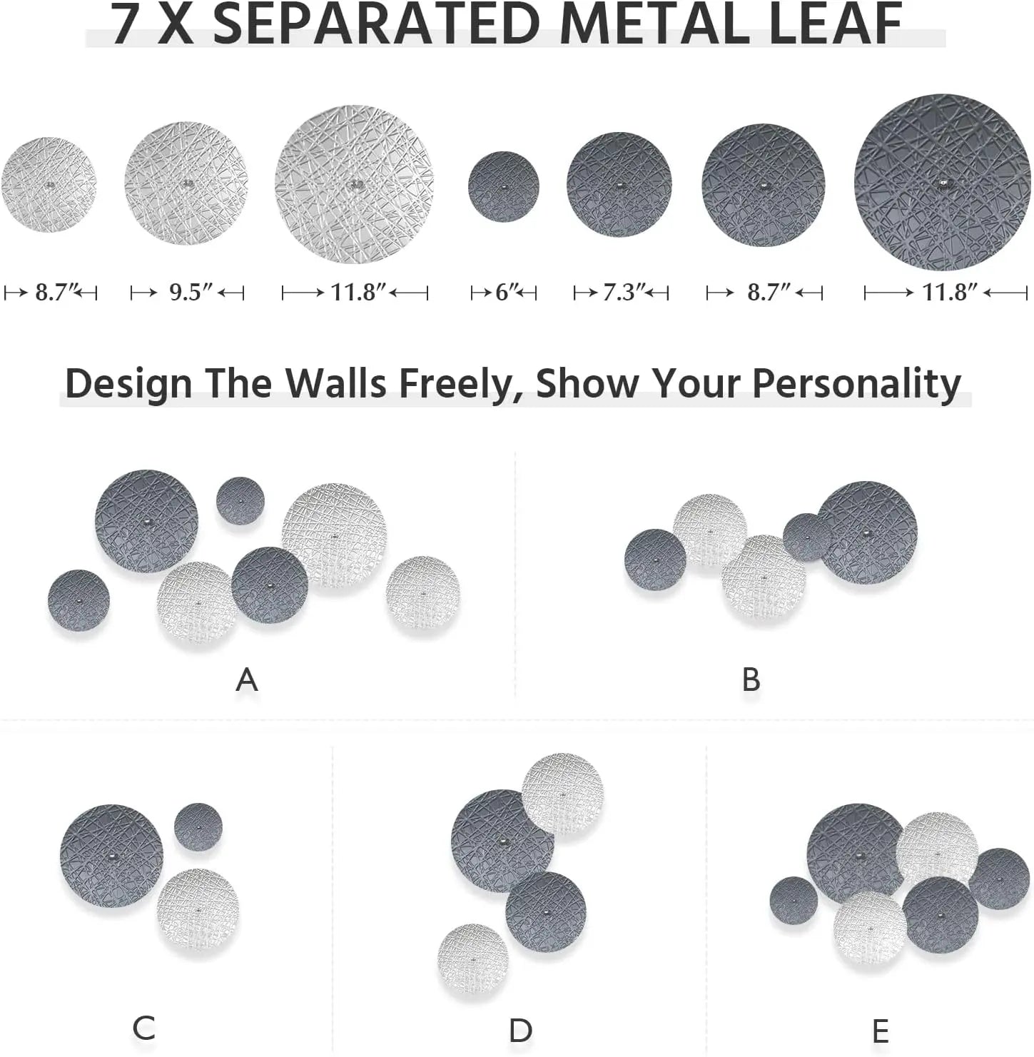 7PCS Silver & Grey Metal Wall Art Set