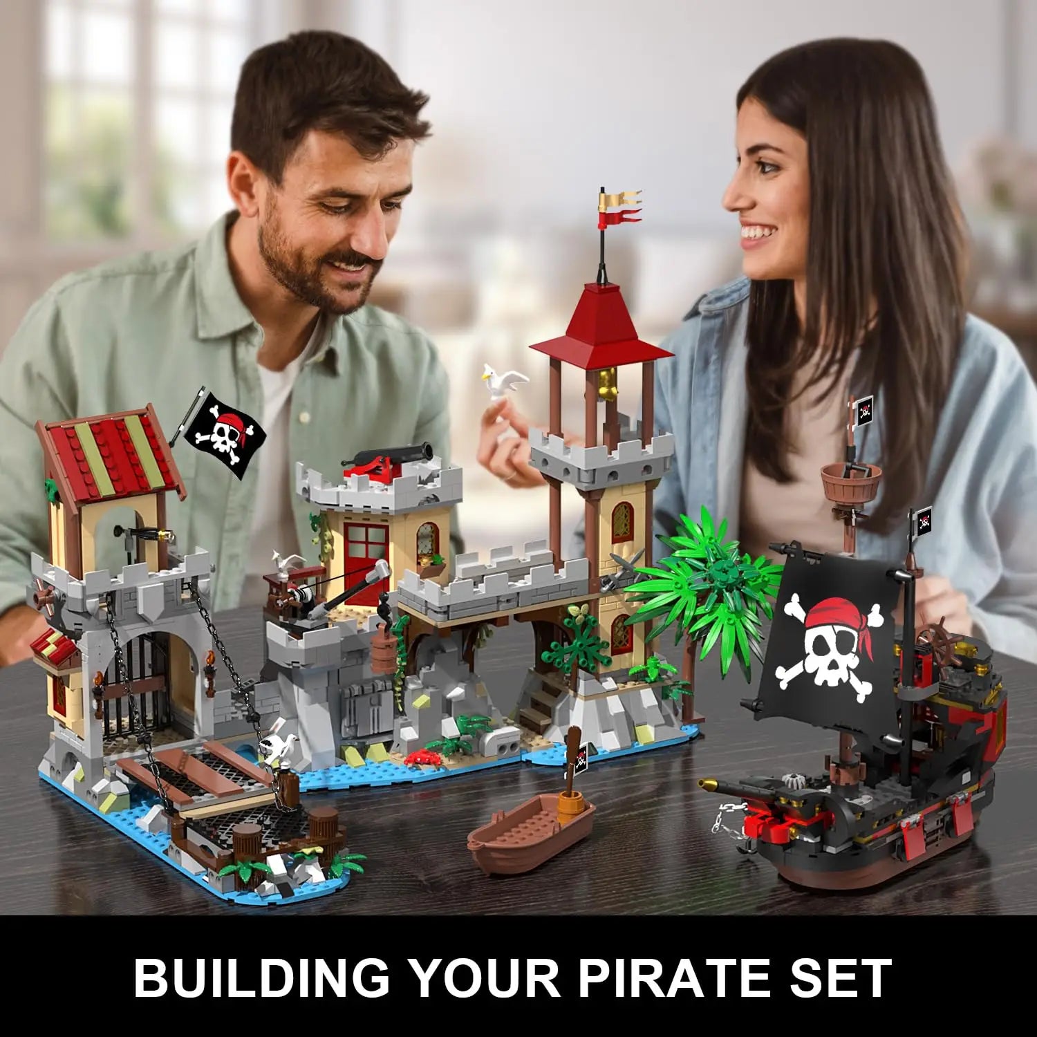 Pirate Castle & Ship Building Set with Light