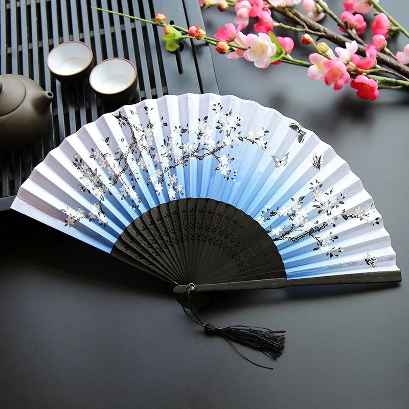 Bamboo Folding Silk Fan for Women – Black