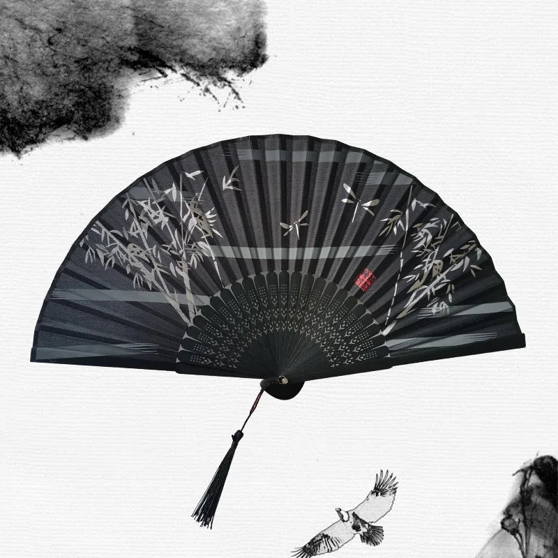 Bamboo Folding Silk Fan for Women – Black